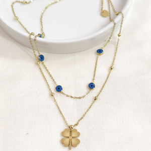 ÇELİK NAZAR BONCUKLU YONCA KOMBİN İKİLİ KOLYE