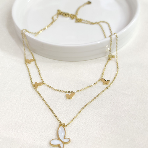 ÇELİK SEDEF KELEBEK KOMBİN İKİLİ KOLYE