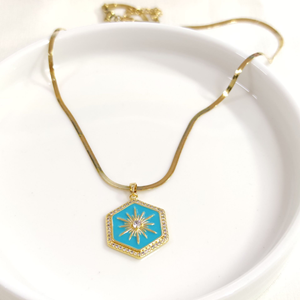 ÇELİK TURKUAZ MİNELİ ALTIGEN KOLYE 40+5 CM