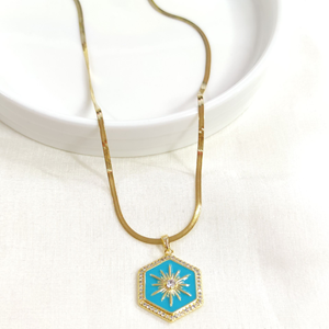 ÇELİK TURKUAZ MİNELİ ALTIGEN KOLYE 40+5 CM