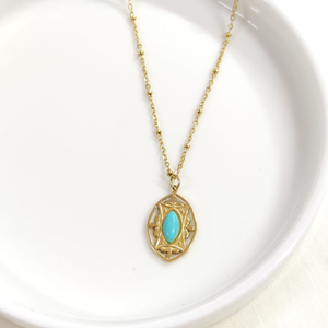 ÇELİK TURKUAZ TAŞLI MEKİK KOLYE 40+5 CM