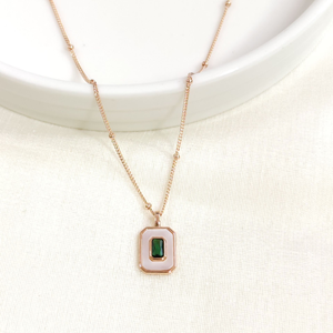 İTHAL SEDEF YEŞİL TAŞLI TOP ZİNCİRLİ GÜMÜŞ KOLYE 40+5CM