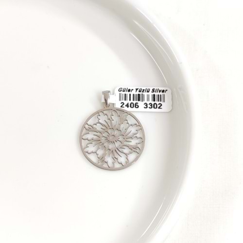 ÇİÇEK MOTİFLİ PLAKA GÜMÜŞ KOLYE UCU 25MM