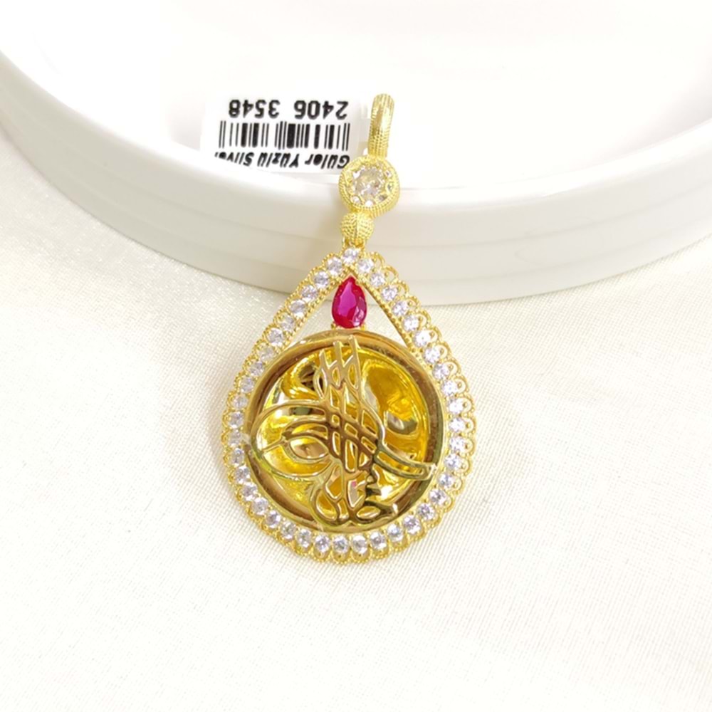 FUŞYA TAŞLI BÜYÜK TUĞRA GÜMÜŞ KOLYE UCU 30x55MM