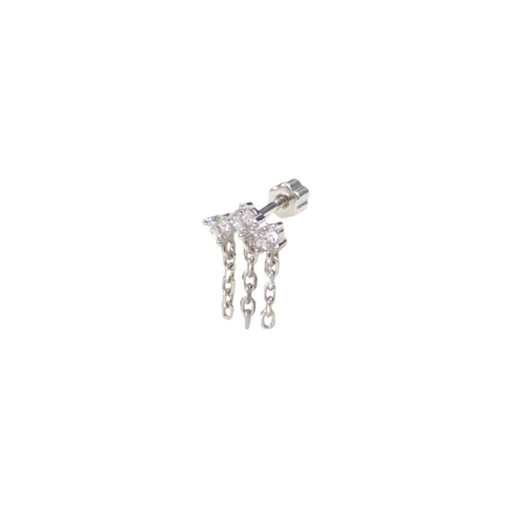 ZİNCİR SALLANTILI ÜÇ TAŞ GÜMÜŞ TRAGUS PIERCING - RODYUM BEYAZ