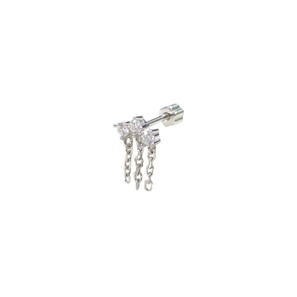 ZİNCİR SALLANTILI ÜÇ TAŞ GÜMÜŞ TRAGUS PIERCING - RODYUM BEYAZ