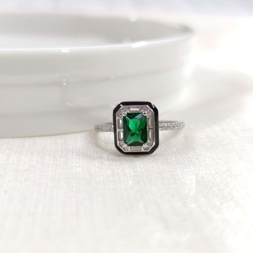 İTHAL SİYAH MİNELİ ZÜMRÜT ZİRKON BAGET GÜMÜŞ YÜZÜK - 18