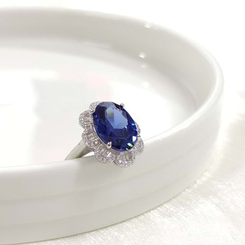 İTHAL OVAL BAGET ÇİÇEK SAFİR ZİRKON GÜMÜŞ YÜZÜK - 12