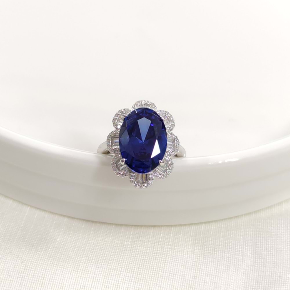 İTHAL OVAL BAGET ÇİÇEK SAFİR ZİRKON GÜMÜŞ YÜZÜK - 12