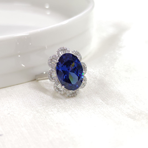 İTHAL OVAL BAGET ÇİÇEK SAFİR ZİRKON GÜMÜŞ YÜZÜK