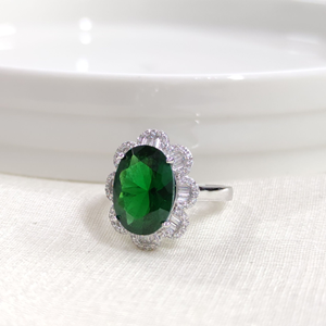 İTHAL OVAL BAGET ÇİÇEK ZÜMRÜT ZİRKON GÜMÜŞ YÜZÜK - 12