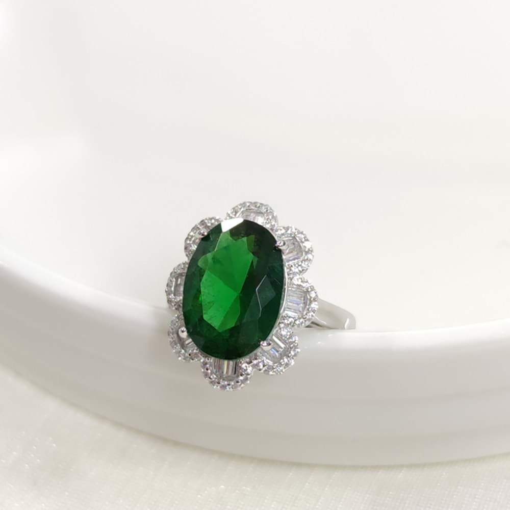İTHAL OVAL BAGET ÇİÇEK ZÜMRÜT ZİRKON GÜMÜŞ YÜZÜK - 12