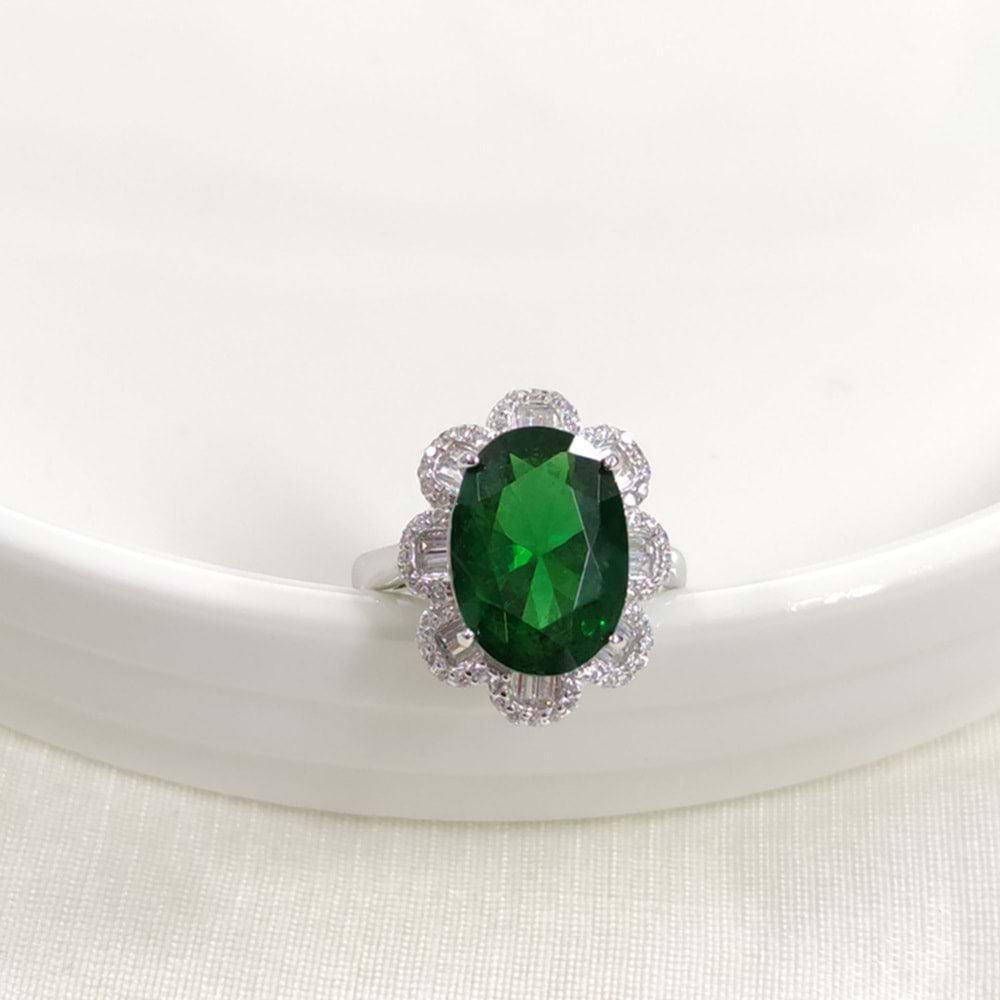 İTHAL OVAL BAGET ÇİÇEK ZÜMRÜT ZİRKON GÜMÜŞ YÜZÜK - 12