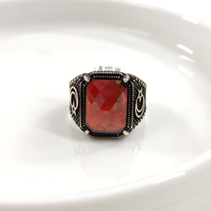 KIRMIZI TAŞLI AY YILDIZ GÜMÜŞ ERKEK YÜZÜK