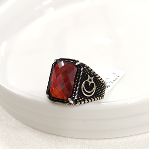 KIRMIZI TAŞLI AY YILDIZ GÜMÜŞ ERKEK YÜZÜK