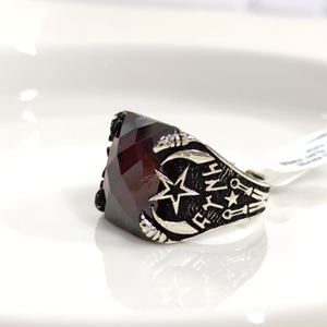 TÜRK YAZILI KIRMIZI TAŞLI AY YILDIZ GÜMÜŞ ERKEK YÜZÜK