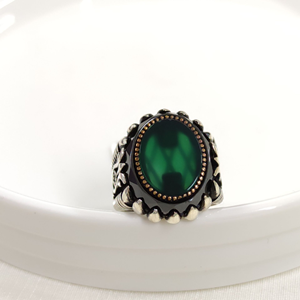 OVAL YEŞİL TAŞLI GÜMÜŞ ERKEK YÜZÜK