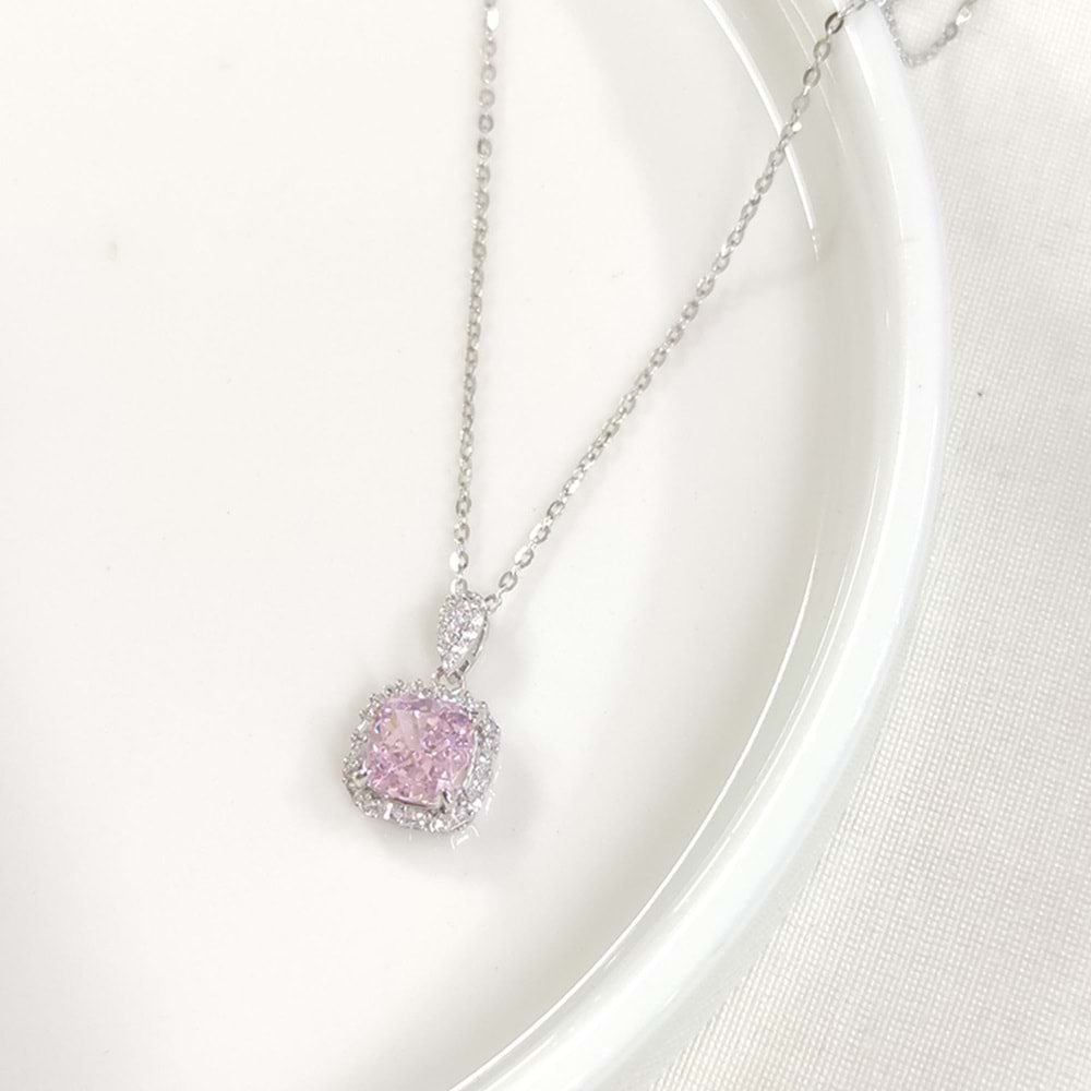 İTHAL PEMBE TAŞLI KARE GÜMÜŞ KOLYE