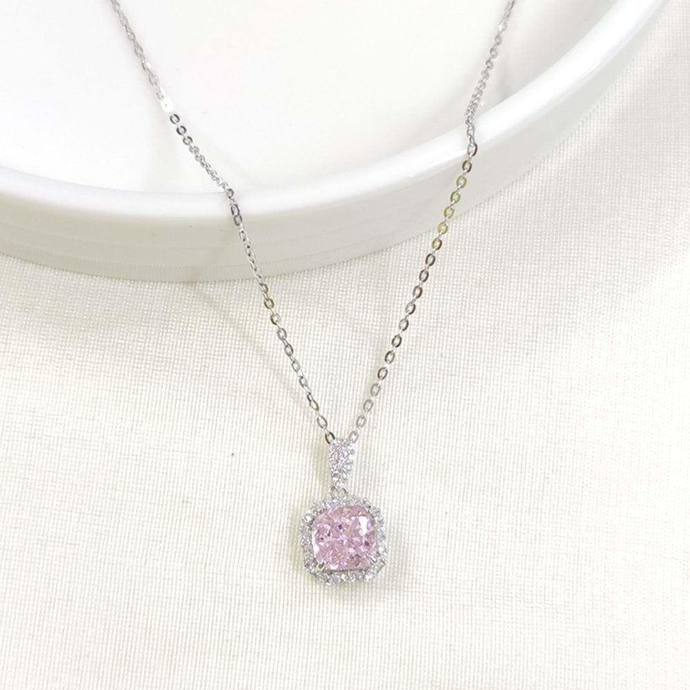 İTHAL PEMBE TAŞLI KARE GÜMÜŞ KOLYE