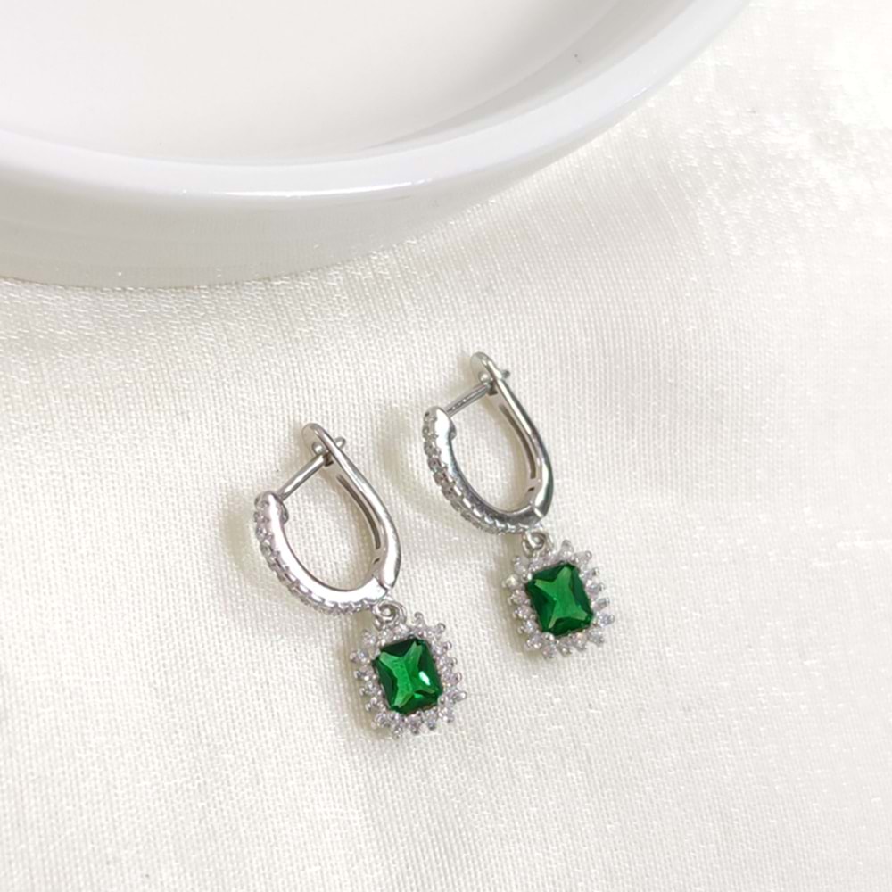 İTHAL ZÜMRÜT ZİRKON TAŞLI BAGET GÜMÜŞ HALKA KÜPE