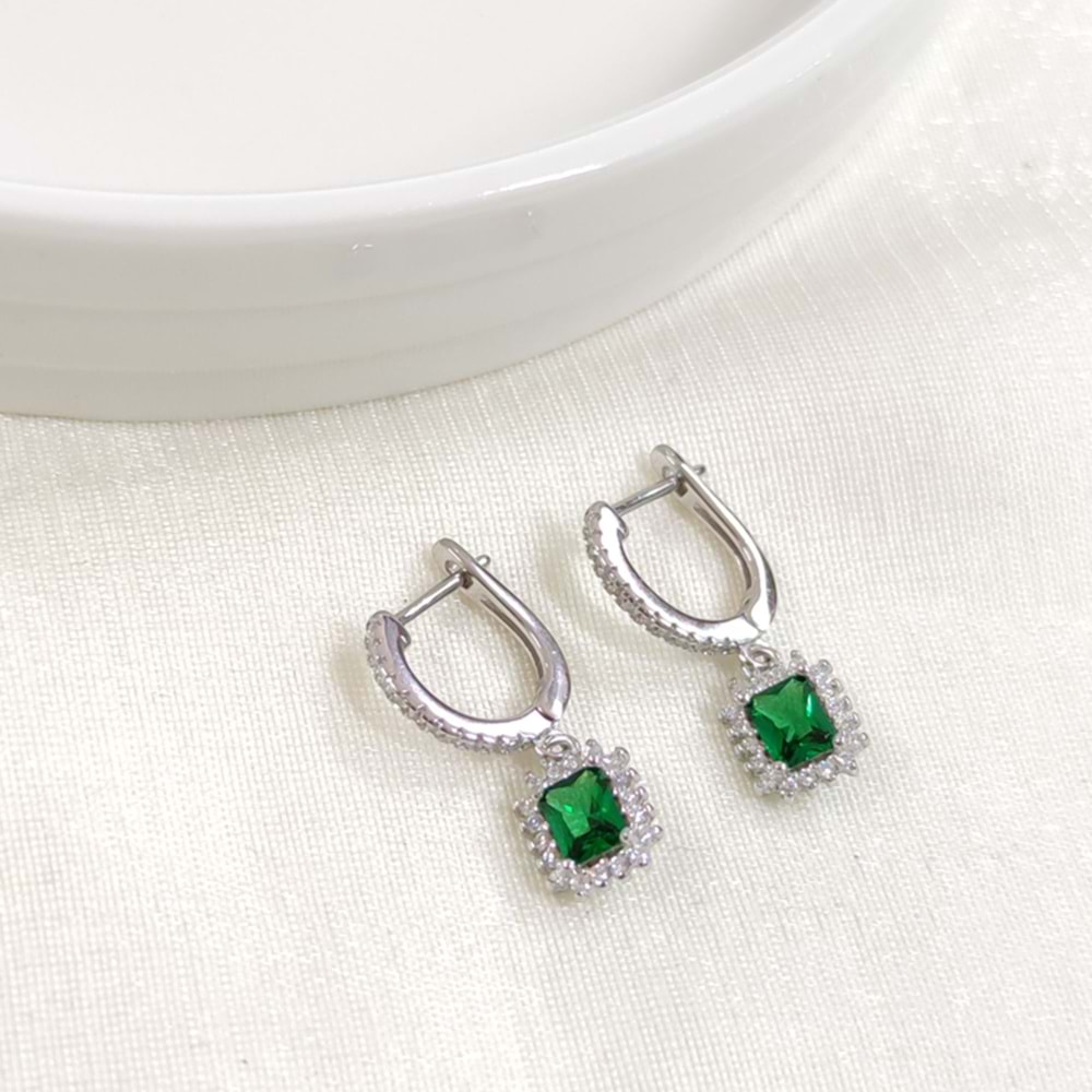 İTHAL ZÜMRÜT ZİRKON TAŞLI BAGET GÜMÜŞ HALKA KÜPE