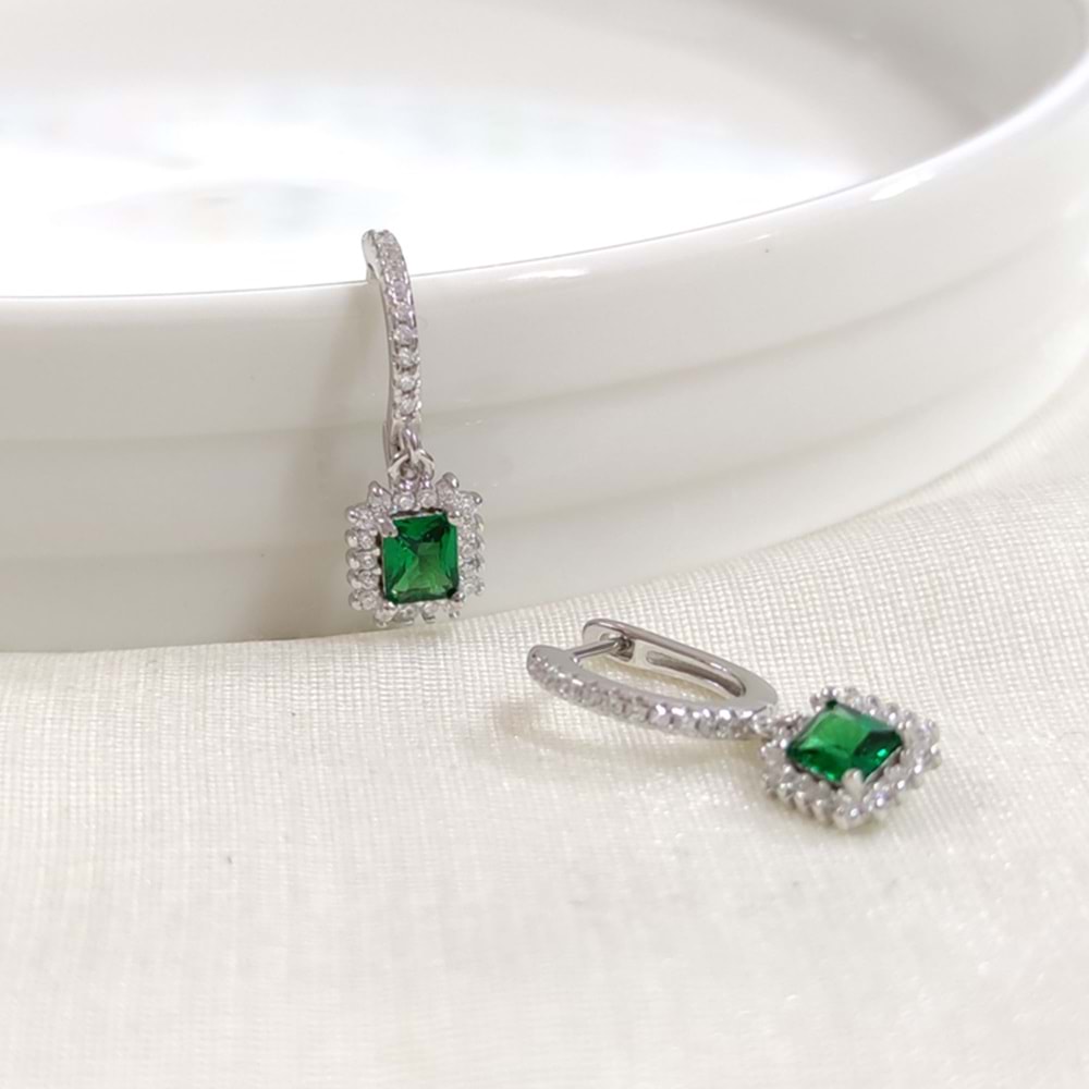 İTHAL ZÜMRÜT ZİRKON TAŞLI BAGET GÜMÜŞ HALKA KÜPE