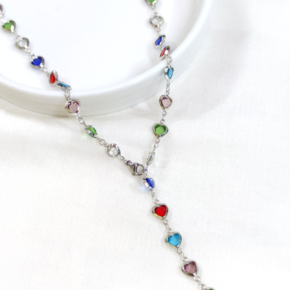 ÇELİK RENKLİ KALP Y KOLYE ZİNCİR GOLD 70 CM - BEYAZ