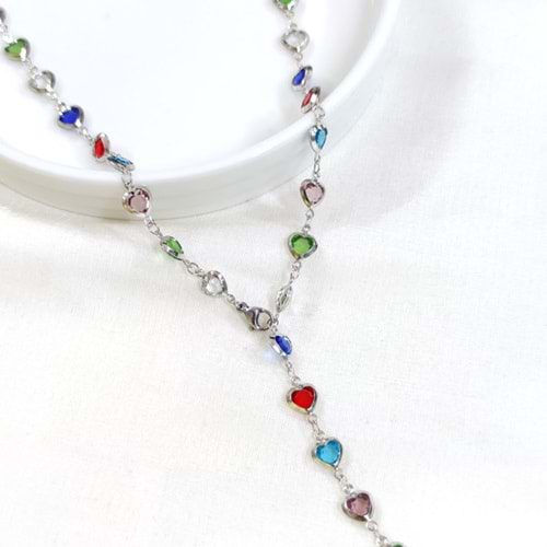 ÇELİK RENKLİ KALP Y KOLYE ZİNCİR GOLD 70 CM