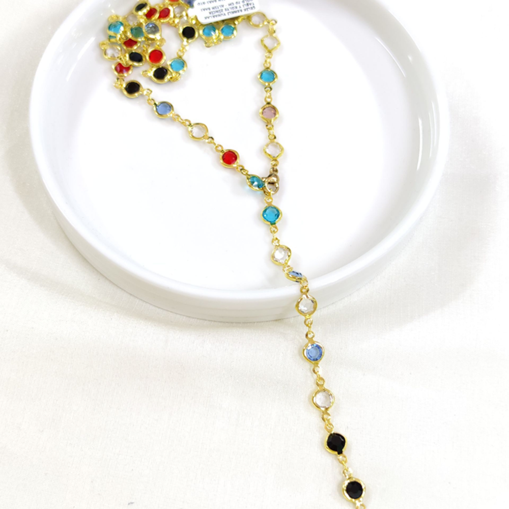 ÇELİK RENKLİ YUVARLAK TAŞLI Y KOLYE ZİNCİR GOLD 70 CM - ALTIN SARI