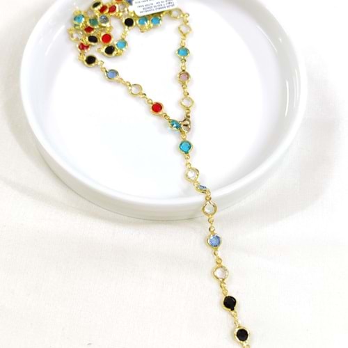 ÇELİK RENKLİ YUVARLAK TAŞLI Y KOLYE ZİNCİR GOLD 70 CM - ALTIN SARI