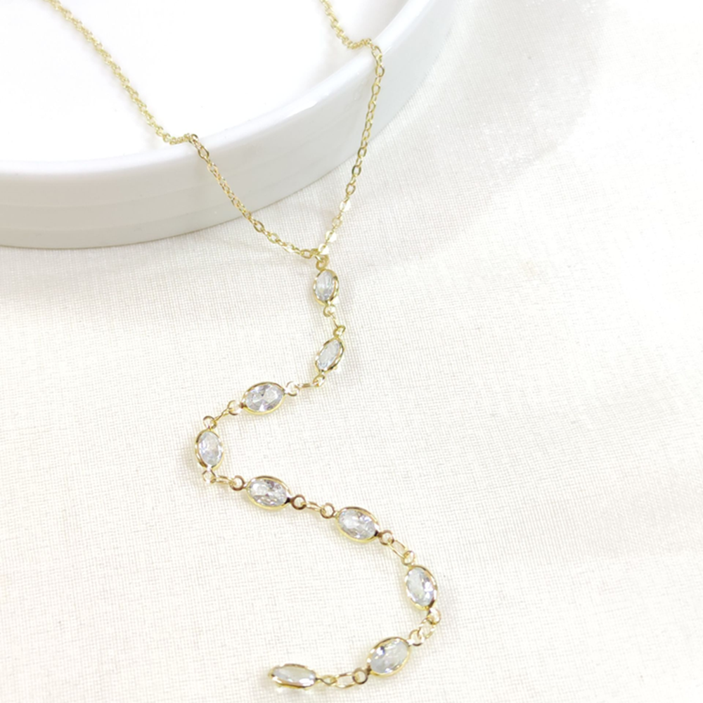 ÇELİK OVAL TAŞLI Y KOLYE ZİNCİR GOLD 40+5 CM