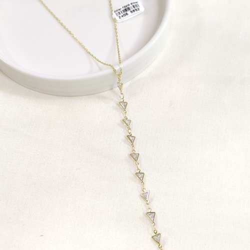 ÇELİK ÜÇGEN TAŞLI Y KOLYE ZİNCİR GOLD 40+5 CM
