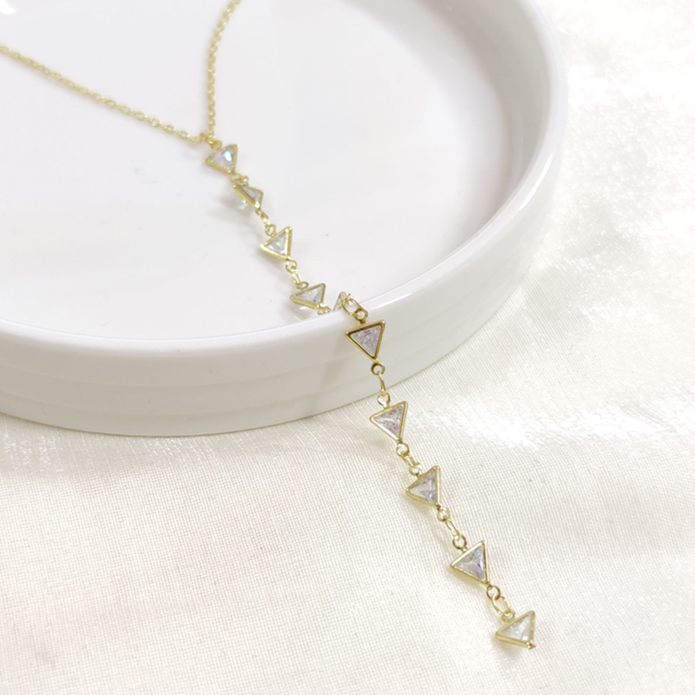 ÇELİK ÜÇGEN TAŞLI Y KOLYE ZİNCİR GOLD 40+5 CM