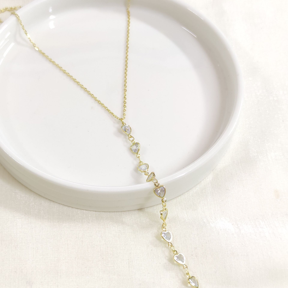 ÇELİK KALP TAŞLI Y KOLYE ZİNCİR GOLD 40+5 CM