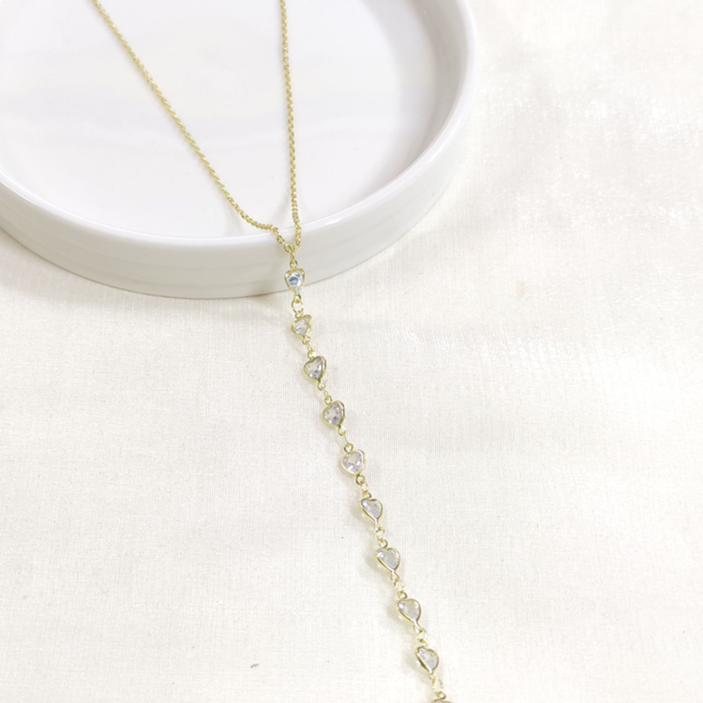 ÇELİK KALP TAŞLI Y KOLYE ZİNCİR GOLD 40+5 CM