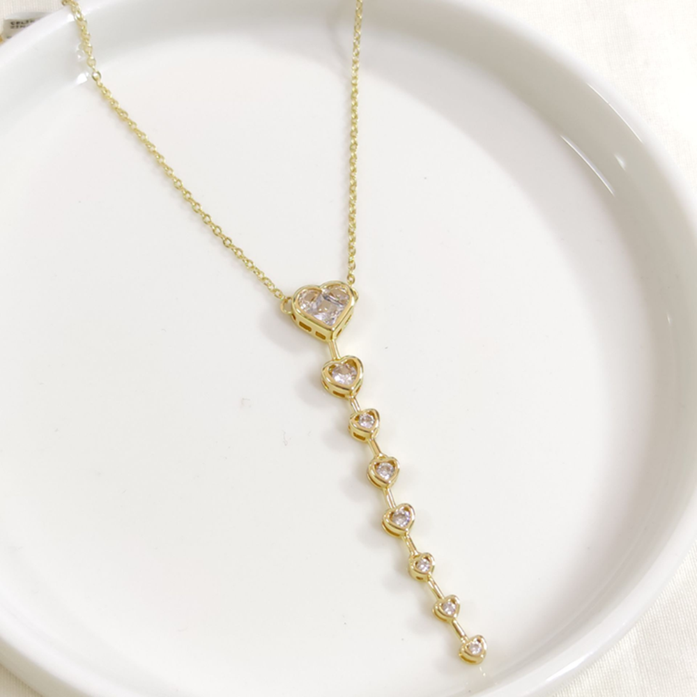 ÇELİK KALP TAŞLI Y KOLYE ZİNCİR GOLD 40+5 CM