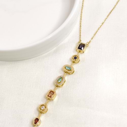 ÇELİK ASİMETRİK TAŞLI Y KOLYE ZİNCİR GOLD 40+5 CM