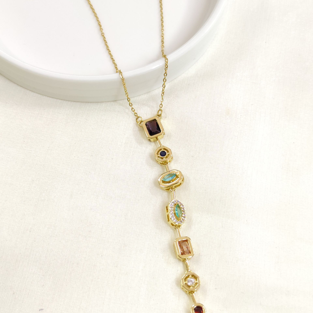 ÇELİK ASİMETRİK TAŞLI Y KOLYE ZİNCİR GOLD 40+5 CM