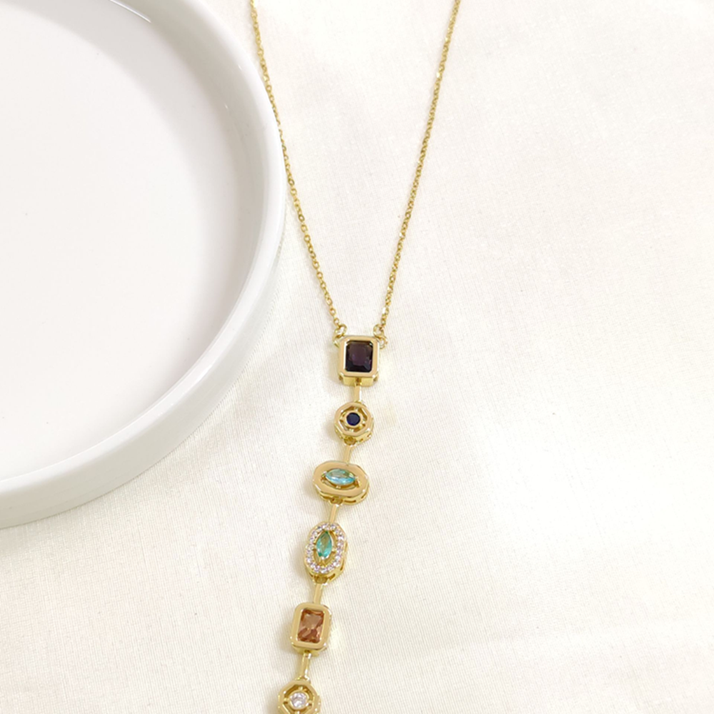 ÇELİK ASİMETRİK TAŞLI Y KOLYE ZİNCİR GOLD 40+5 CM