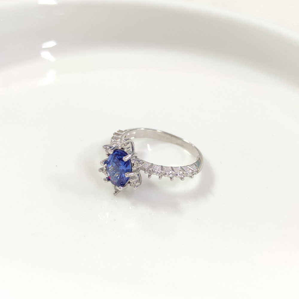 MAVİ OVAL TAŞLI ÇİÇEK LOTUS TEK TAŞ GÜMÜŞ YÜZÜK - 18