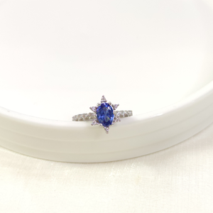 MAVİ OVAL TAŞLI ÇİÇEK LOTUS TEK TAŞ GÜMÜŞ YÜZÜK - 18