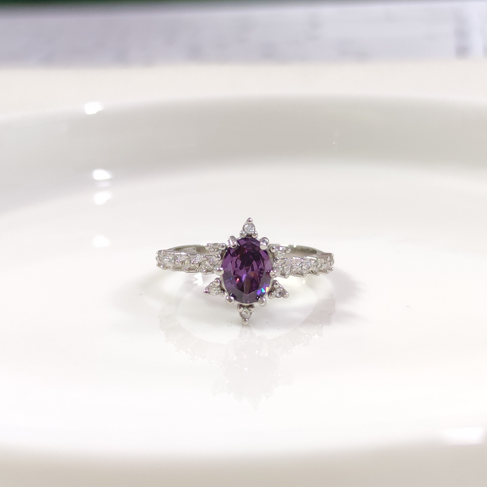 MOR OVAL TAŞLI ÇİÇEK LOTUS TEK TAŞ GÜMÜŞ YÜZÜK - 18