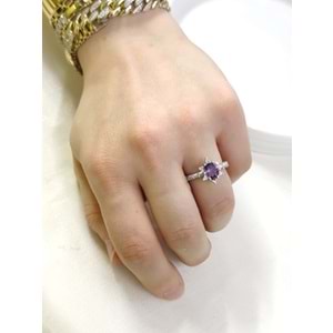 MOR OVAL TAŞLI ÇİÇEK LOTUS TEK TAŞ GÜMÜŞ YÜZÜK - 18