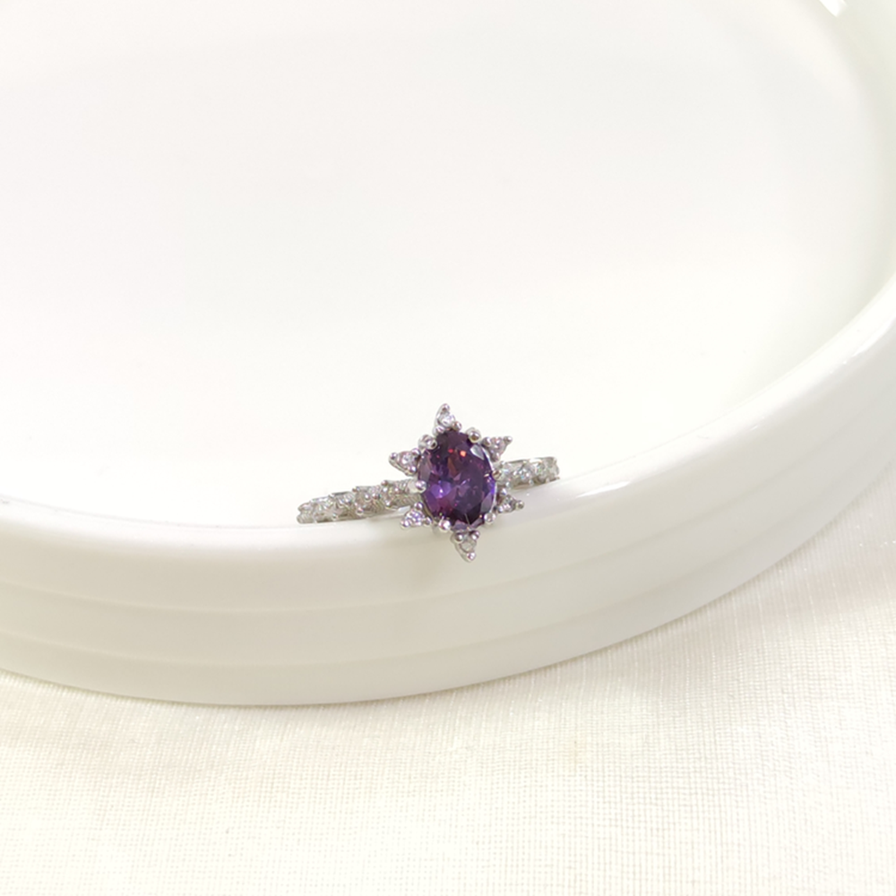 MOR OVAL TAŞLI ÇİÇEK LOTUS TEK TAŞ GÜMÜŞ YÜZÜK - 18