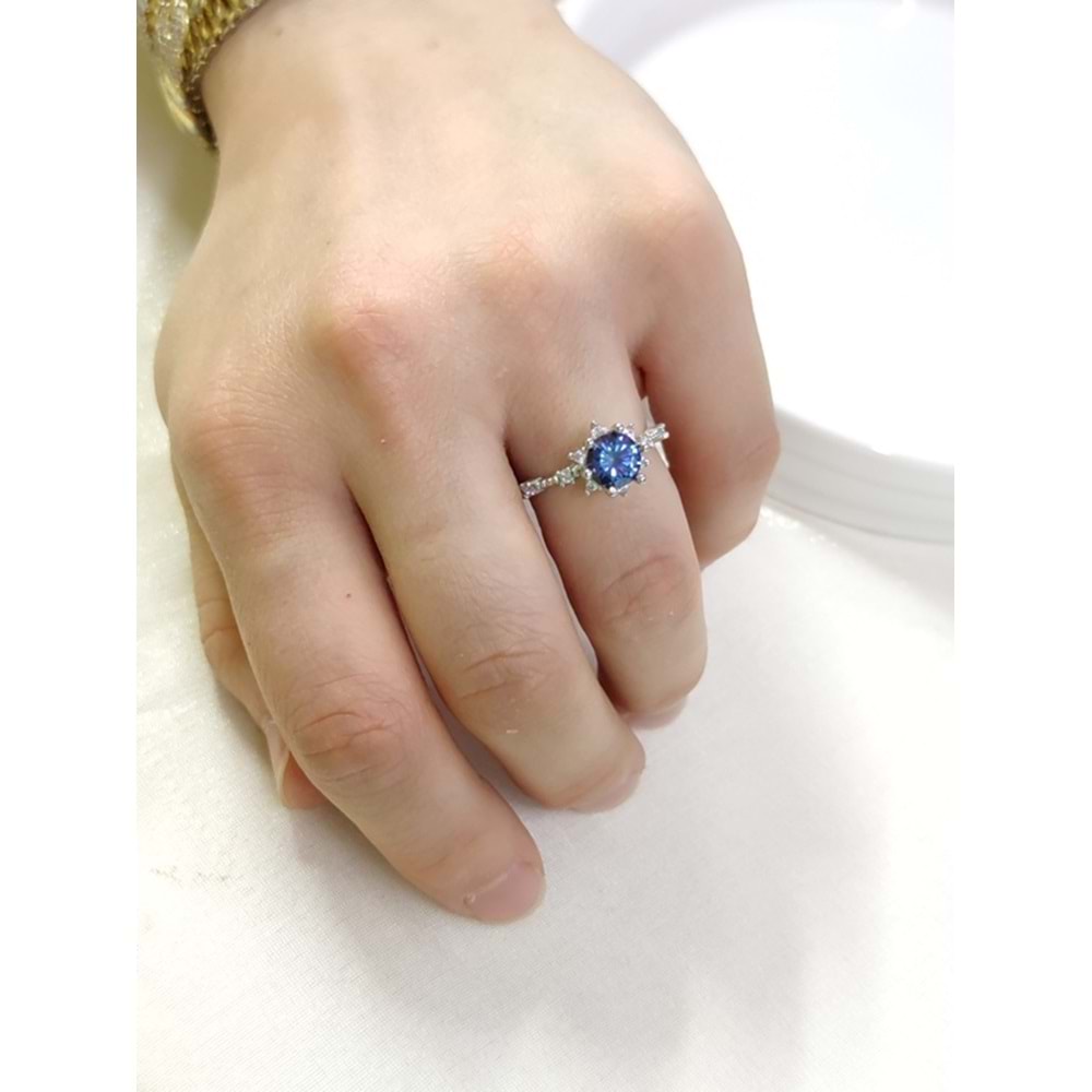 BLUE TOPAZ TAŞLI ÇİÇEK LOTUS TEK TAŞ GÜMÜŞ YÜZÜK - 17