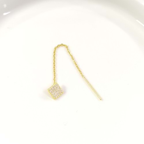 TEKLİ TAŞLI KARE JAPON ZİNCİR GÜMÜŞ KÜPE - ALTIN SARI