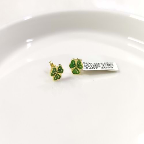 8 MM MİNELİ YONCA GÜMÜŞ ÇİVİ KÜPE - ALTIN SARI