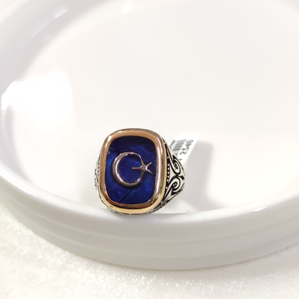 MAVİ DETAY AY YILDIZ GÜMÜŞ ERKEK YÜZÜK