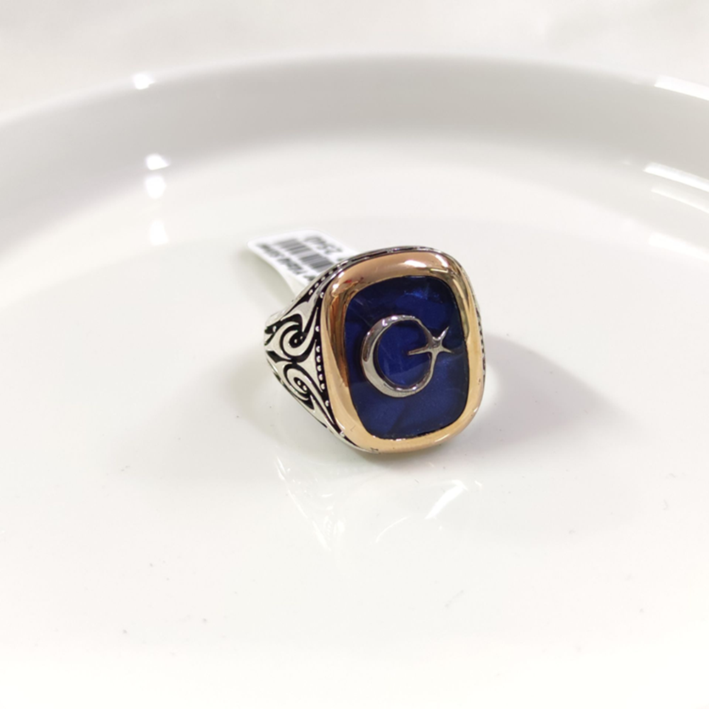 MAVİ DETAY AY YILDIZ GÜMÜŞ ERKEK YÜZÜK