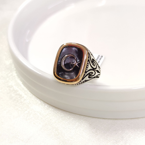 SİYAH DETAY AY YILDIZ GÜMÜŞ ERKEK YÜZÜK